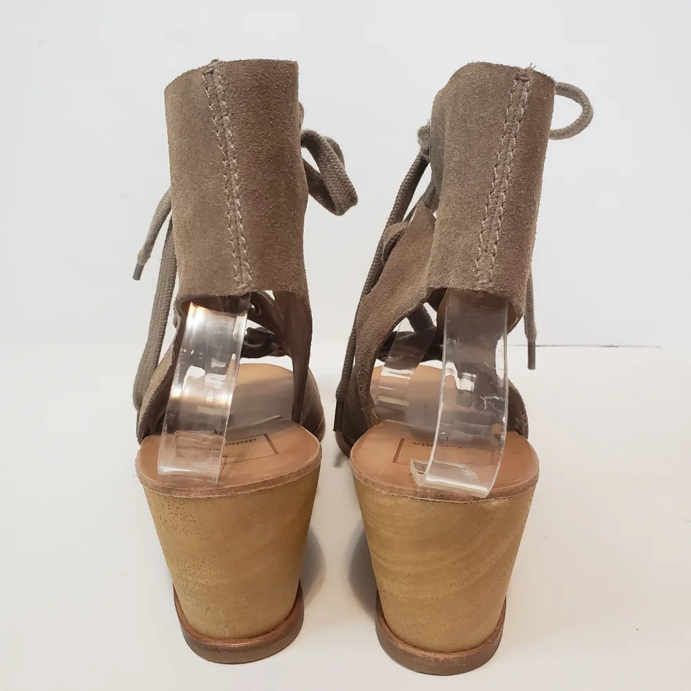 Dolce Vita Lei leather suede Boho Ghillie lace up wooden wedge heel open shoe